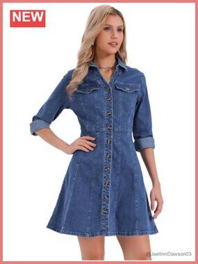 Denim Dress V Neck Long Sleeve Button Down Mini Jean Dress